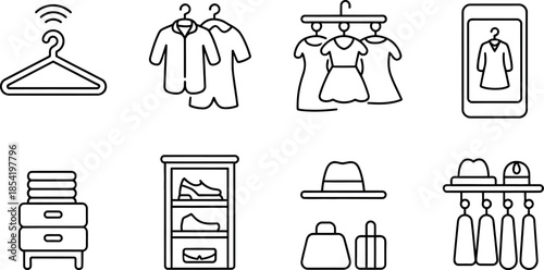 line drawing of various clothing and accessories icons on transparent background