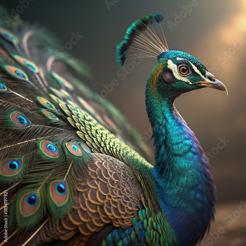 A stunning closeup portrait of a majestic peacock showcasing its vibrant blue and green plumage with intricate feather details and a blurred background