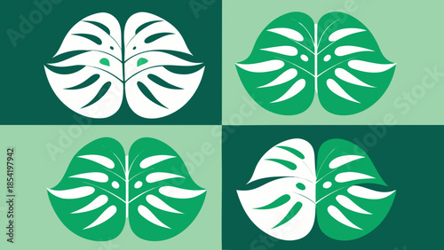 Abstract Pattern of Green Monstera Leaves on a Checkerboard Background