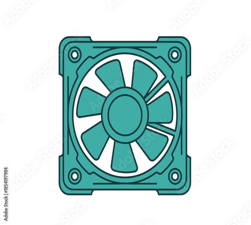 A teal colored computer cooling fan illustration with rounded corners and mounting holes