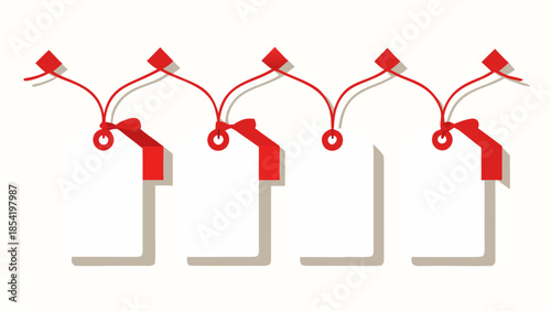 Repeating pattern of elegant red ribbon bows on blank white tags, ideal for festive borders, celebratory sales banners, or unique ornamental design elements