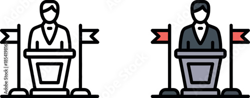 Two faceless politicians giving speeches at podiums with flags