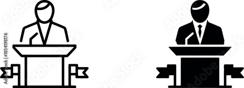 Two businessmen standing at podiums with microphones side by side