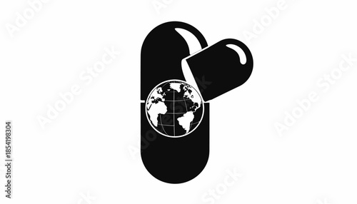 Global healthcare concept with pill and world map illustration.