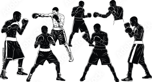 Boxing silhouette vector set — punch poses, fighting stances, gloves and shorts icons