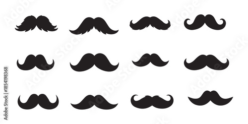 Mustache silhouette icon set in black vector style, diverse facial hair shapes for character design, grooming, fashion, and illustration use,mustache icon set with various retro styles in a black 
