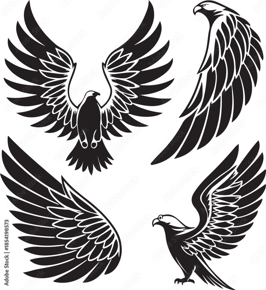 Fototapeta premium Eagle Wings and Flying Eagle Silhouette Set