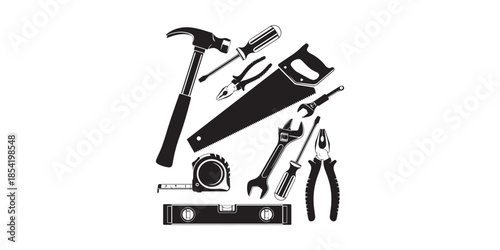 Collection of black and white carpentry tools isolated on white background in a vector format., Black silhouette of various hand tools arranged on a white background for construction work
