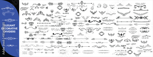 Elegant decorative dividers, ornate line separators, vintage flourish designs, whimsical borders, and charming embellishments for creative projects. Elegant big set design.