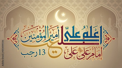 Elegant Islamic calligraphy celebrating the birth of Imam Ali with crescent moon and traditional arch motifs