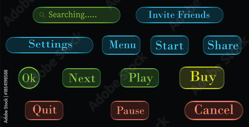 Colorful glowing user interface buttons for game and application control