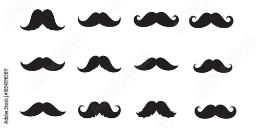 Mustache silhouette icon set in black vector style, diverse facial hair shapes for character design, grooming, fashion, and illustration use,mustache icon set with various retro styles in a black 
