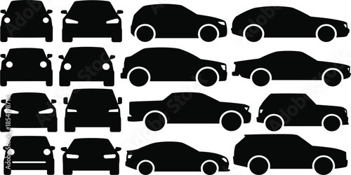 Set of black car silhouettes featuring various vehicle body styles including sedans SUVs and pickup trucks