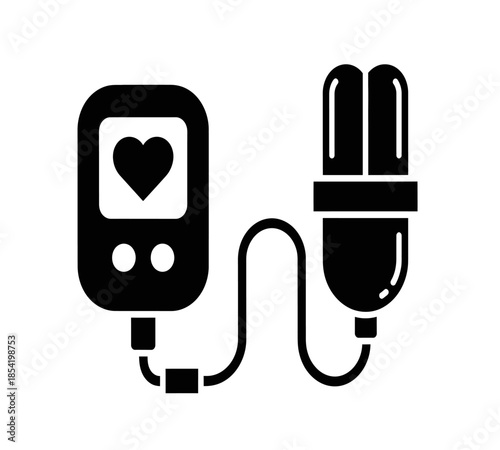 Black and white illustration of a microphone connected to a device with a heart on the screen