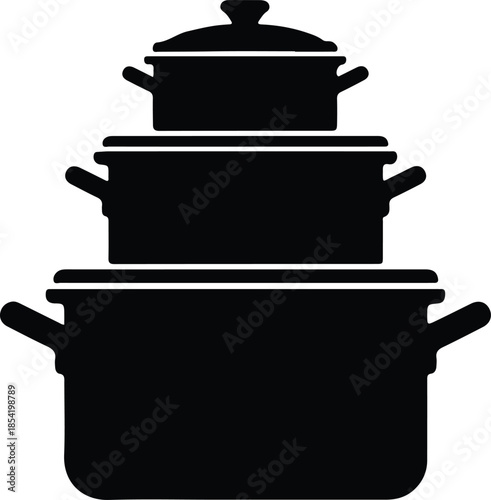 Silhouette stacked cooking pots and lids kitchenware vector illustration