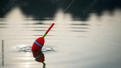 Red fishing bobber floating on calm water surface at sunset  