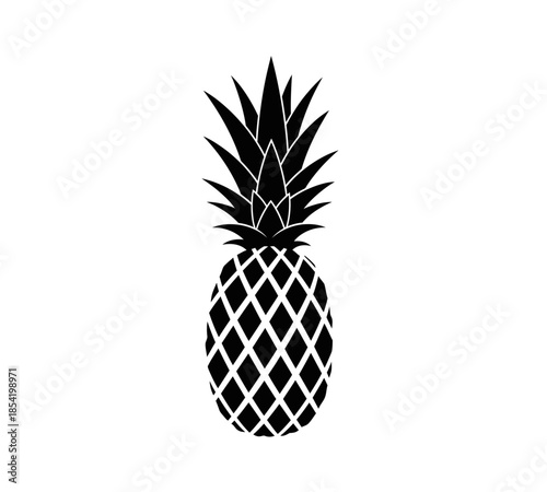 A striking black and white silhouette of a pineapple with detailed textured skin