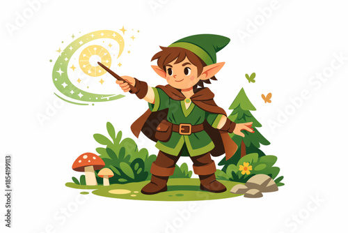 Flat illustration of young elf casting magic spell in forest, whimsical style