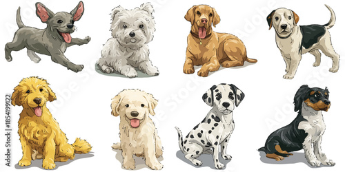  a delightful assortment of eight different puppy breeds, each with its unique appearance and charm.
