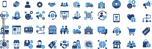 Collection of monochrome blue business and commerce icons representing diverse concepts like customer service sales logistics and global interaction concepts