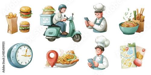  a lively food delivery scene featuring various elements including chefs, customers, food items, and delivery methods.