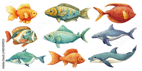 A colorful and diverse array of fish illustrations, showcasing various species including goldfish, tropical fish, and dolphins.