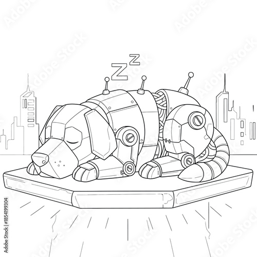 Sleeping robotic dog on floating platform in futuristic cityscape – sci-fi robot puppy resting illustration for technology and fantasy artwork