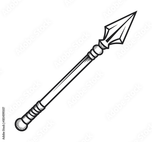 Hand-drawn spear illustration ranked as detailed weapon artwork, featuring sharp pointed tip and ornamental wrapping, isolated on white background, suitable for historical, fantasy, or decorative desi