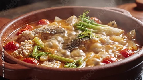 Bubbling fish stew in clay pot with tomatoes and fennel cooking