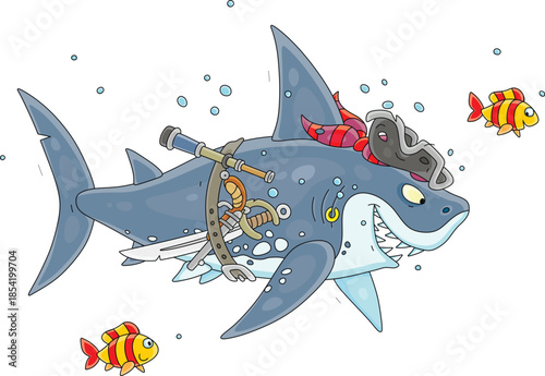 Funny great white shark pirate with a bandana and a cocked hat of a sea robber, a sharp saber, a pistol and an old spyglass from a sunken sailing ship, vector cartoon illustration on white