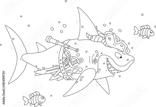 Funny great white shark pirate with a bandana and a cocked hat of a sea robber, a sharp saber, a pistol and an old spyglass from a sunken sailing ship, black and white vector cartoon illustration