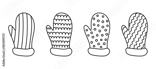 Black outline set winter mittens with various patterns. Doodle style cozy glove collection for cold weather protection or Winter holiday design. Vector illustration