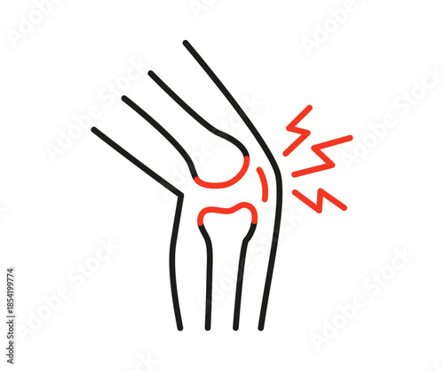 Human knee joint with pain line icon. Arthritis or injury in orthopedic medicine and medical care concept. Red lightning symbol for discomfort. Vector illustration
