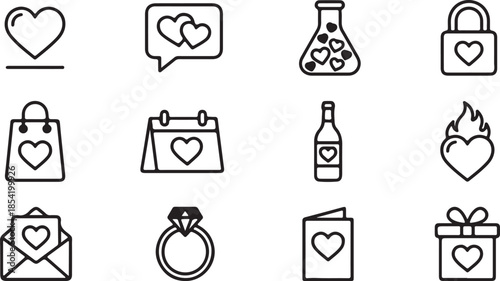 A collection of twelve outline icons depicting various Valentines Day themes including hearts, gifts, and romance