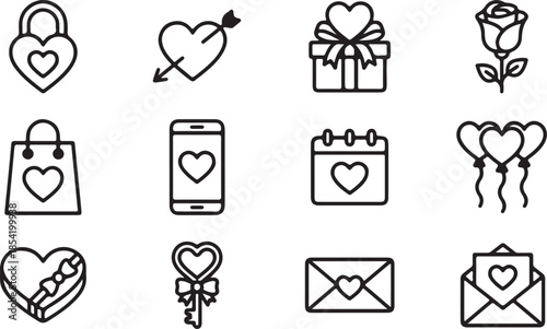 A collection of twelve outline icons displaying various Valentines Day symbols including hearts, gifts, and romantic items
