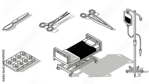 Isolated set of metal office stationery and steel business tools including a black stapler, binder clips, and paperclips on white equipment