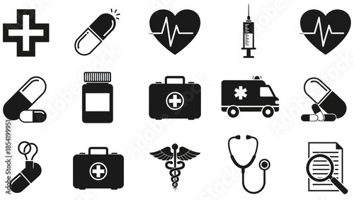 A clean vector illustration showing a set of medical icons related to health, technology, communication, and digital media used for web and business design