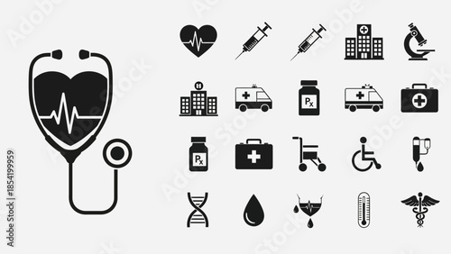 A simple vector illustration showing a set of medical icons like a heart, syringe, cross, and pharmacy symbols for healthcare and medicine design