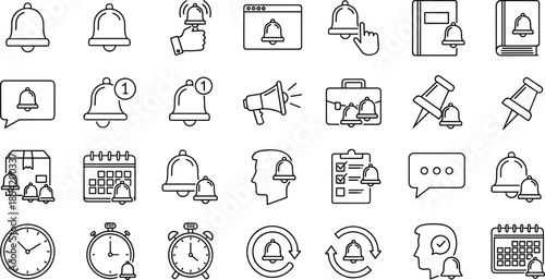 Notification and Reminder Icon Set Featuring Notification Bells, Alarm Clocks, Calendar Alerts, Message Notifications, Timers, and Schedule Management Outline Vector Symbols
