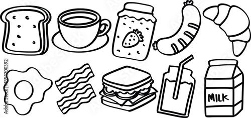 Set of hand drawn breakfast food and meal theme Isolated Vector
