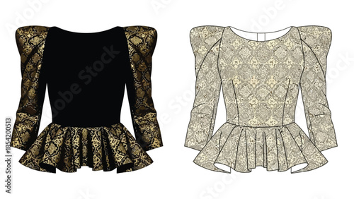 Two detailed fashion sketches of long sleeved ruffled blouses with patterned fabrics