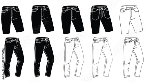 Collection of various denim shorts and pants line art illustrations