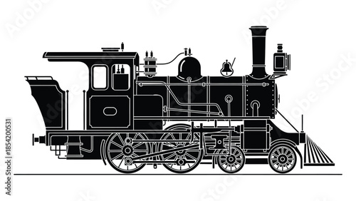 A detailed black and white illustration of a classic steam locomotive train