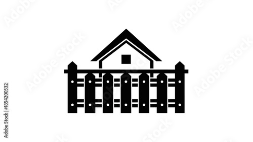 Black and white icon of a small house with a pitched roof behind a wooden picket fence, symbolizing home and property.