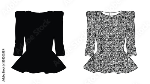 Fashion design sketch of two long sleeved dresses one black and one patterned