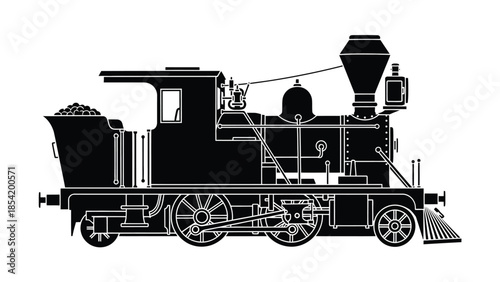 A detailed black silhouette illustration of a classic steam locomotive train