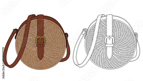 Two round straw handbags with leather straps shown in color and line art