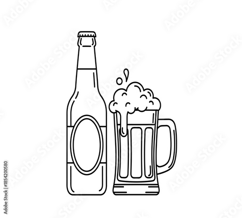Simple outline illustration of a beer bottle and a full mug of frothy beer