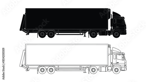 Detailed illustration of a semi truck and trailer in two different styles