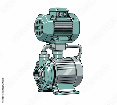 Detailed illustration of a teal industrial pump with a connected electric motor unit